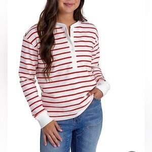 NWT MOLLY YEH White/Red Stripe Long Sleeve 1/2 button down cotton sweater size M